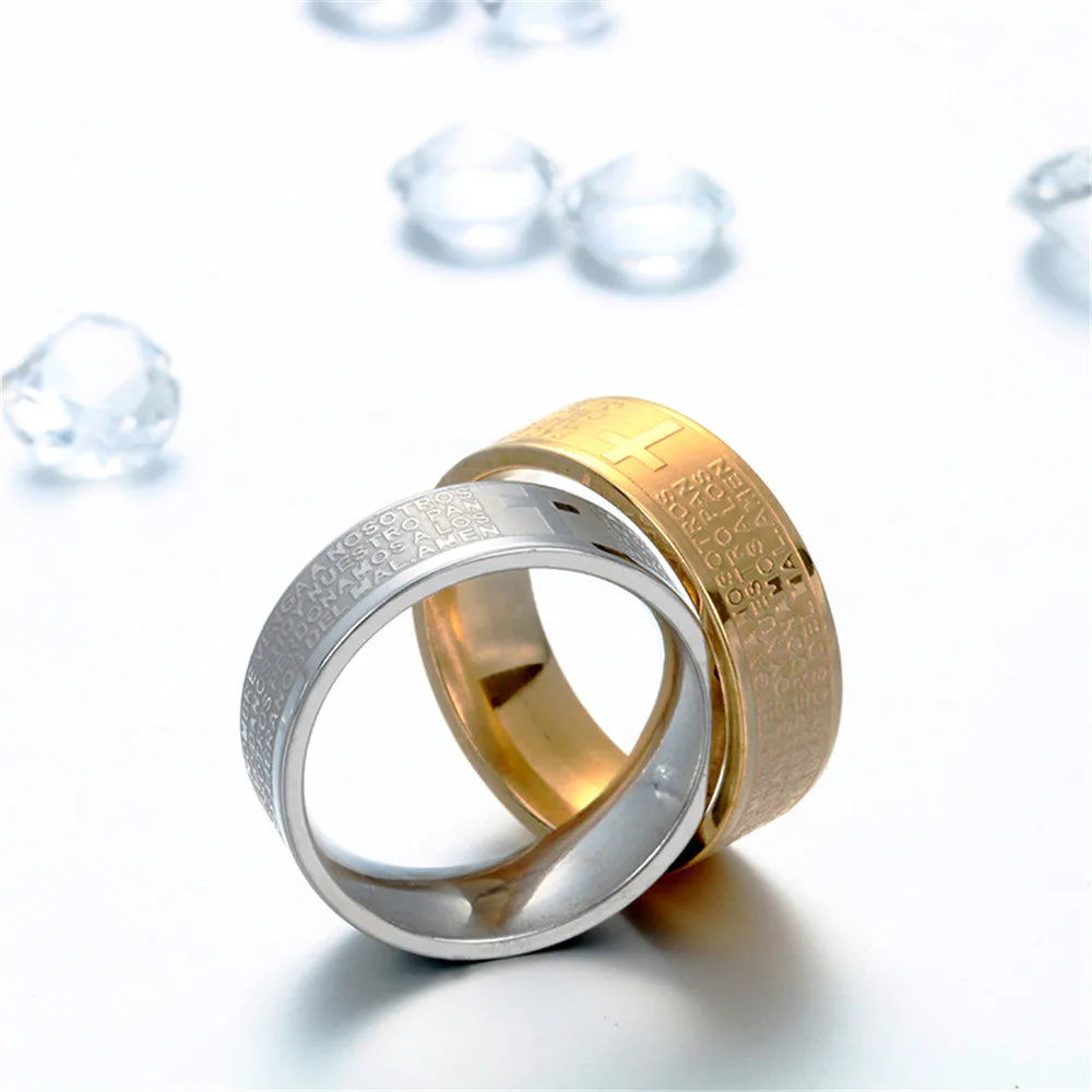 Bague de Prière Jésus & Croix – Acier Inoxydable Doré | Bijou Religieux Homme Femme