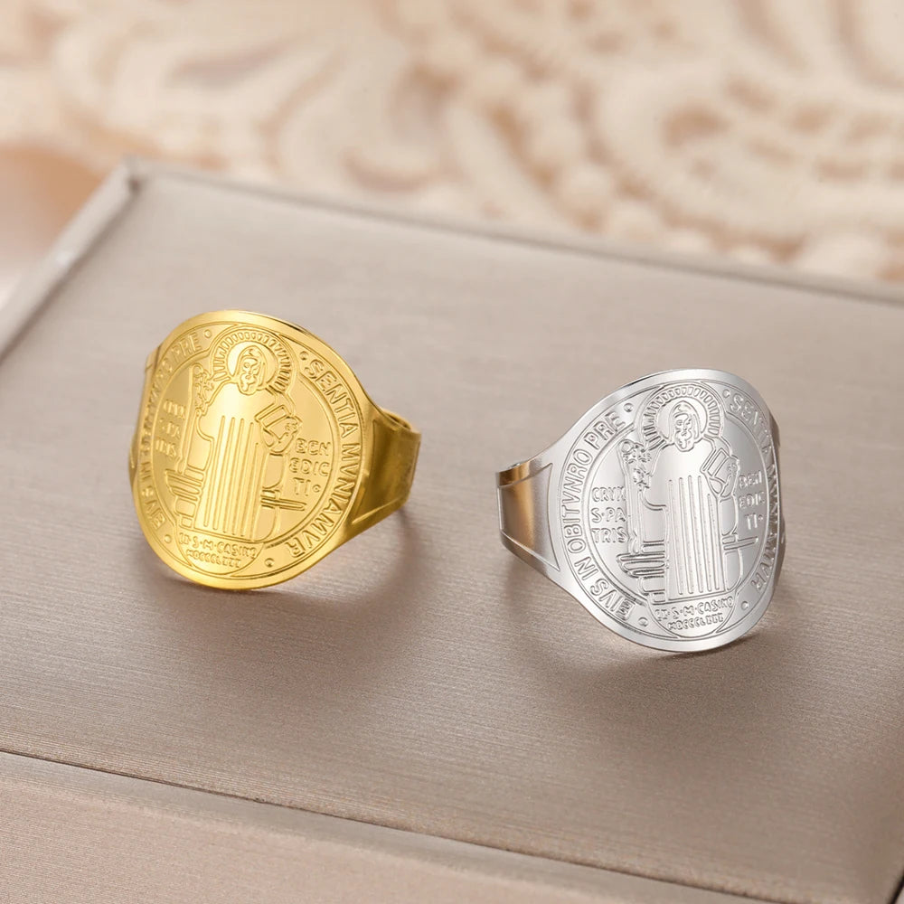 Bague Saint Benoît – Acier Inoxydable | Anneau Chrétien Ajustable