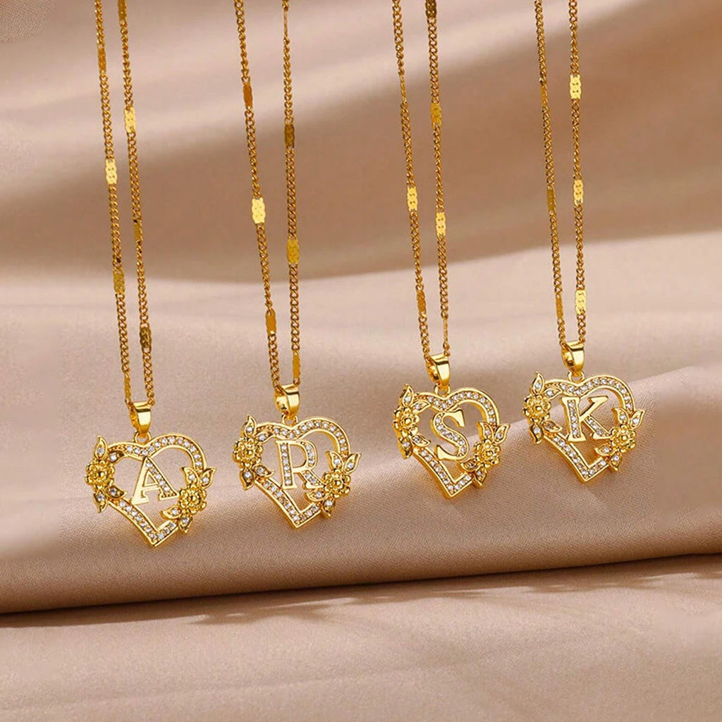 Collier Initiale Cœur – Acier Inoxydable Doré, Lettres A à Z