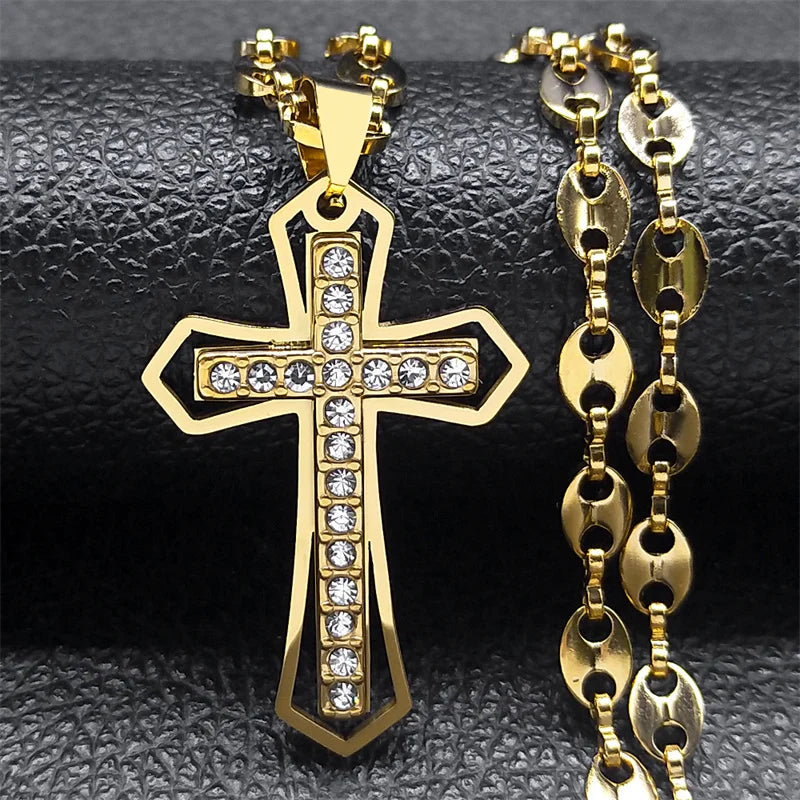 Collier Crucifix Jésus-Christ – Acier Inoxydable Doré & Argenté | Chaîne Grain de Café 60 cm | Homme & Femme