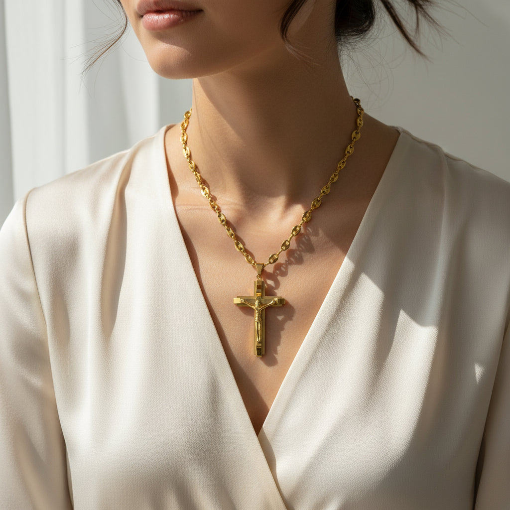 Collier Crucifix Jésus-Christ – Acier Inoxydable Doré & Argenté | Chaîne Grain de Café 60 cm | Homme & Femme