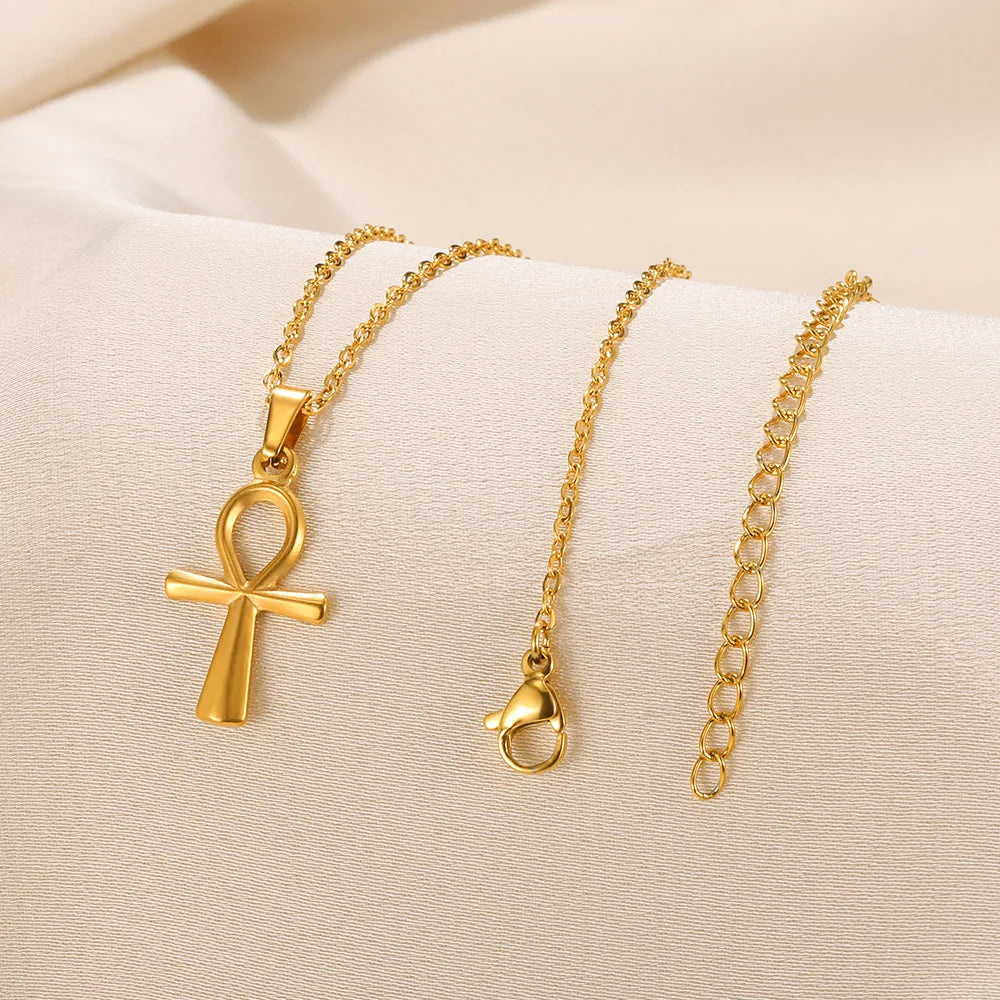 Collier Croix Ankh Égyptienne – Symbole de Vie Acier Inoxydable Doré | Ras-de-Cou Unisexe