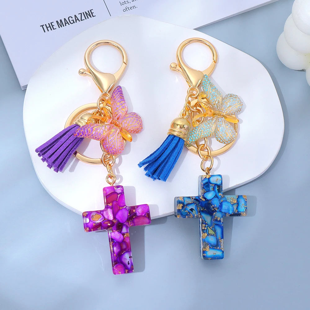 Porte-Clés Croix & Papillon – Résine Sequins Colorés | Accessoire Tendance Femme Homme