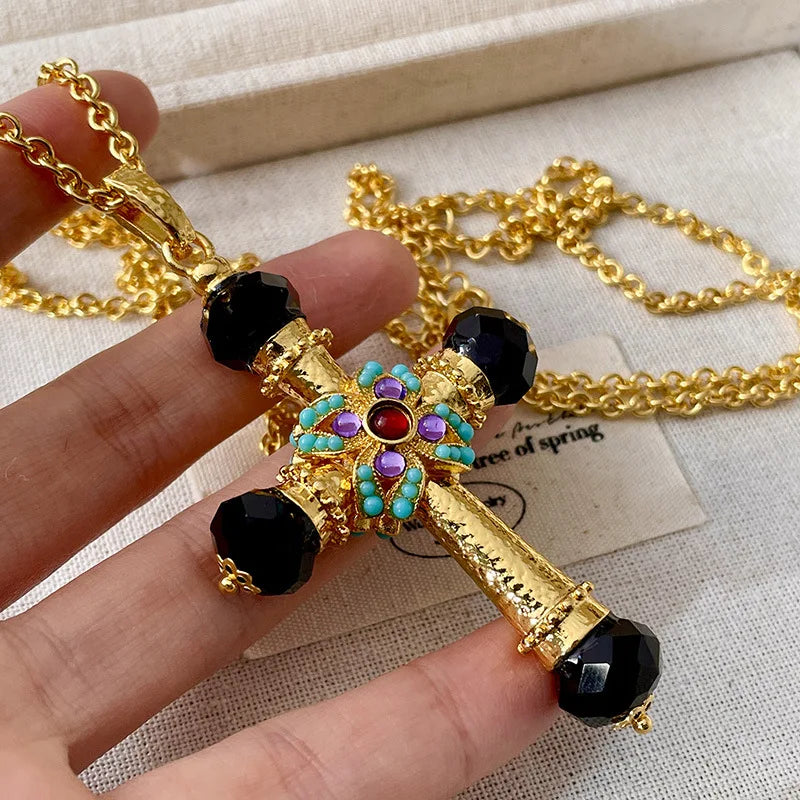 Collier Pull Vintage Turquoise & Cristal – Croix Double Face Incrustée | Style Rétro Unisexe
