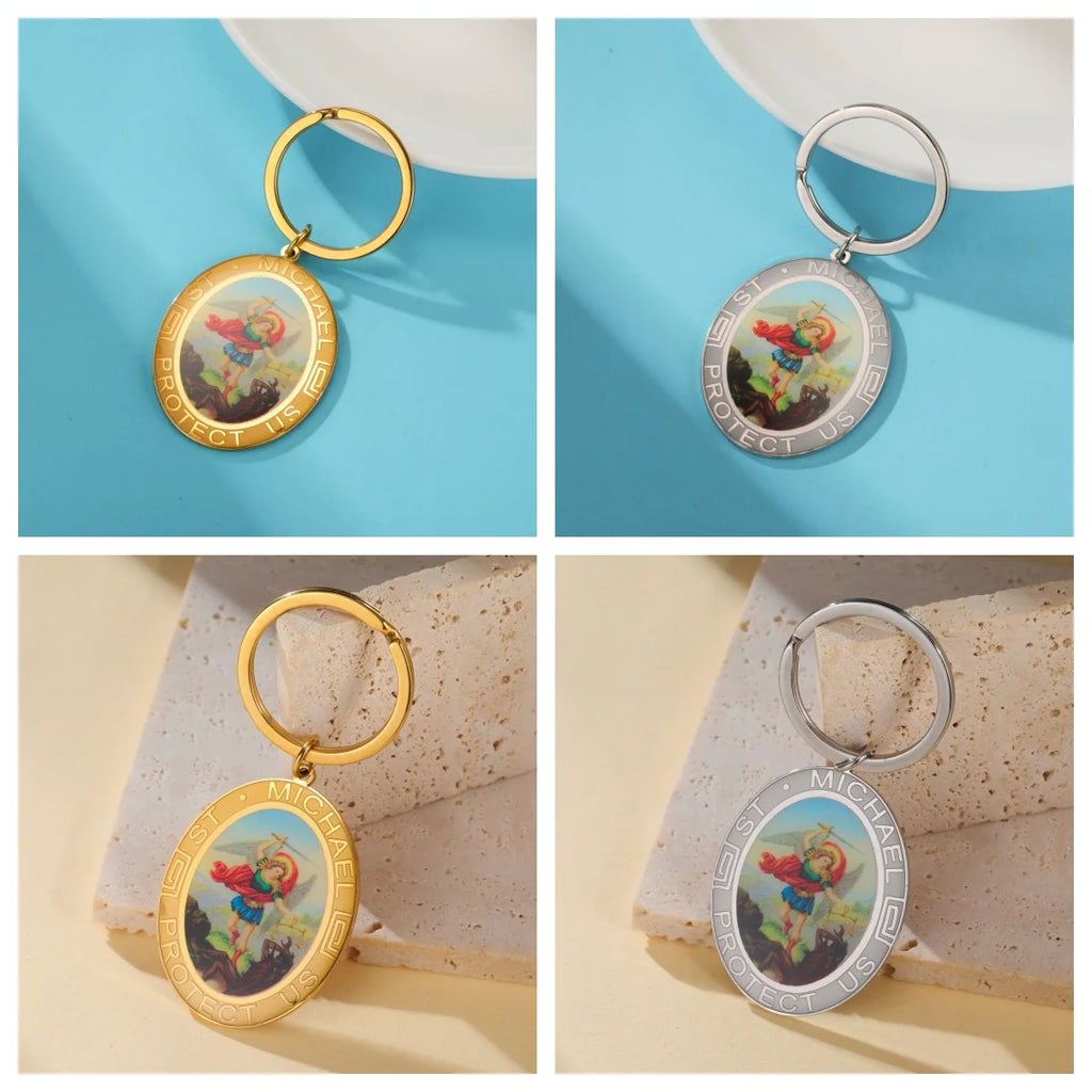 Porte-clés Saint Michel Archange – Acier Inoxydable, Or & Argent