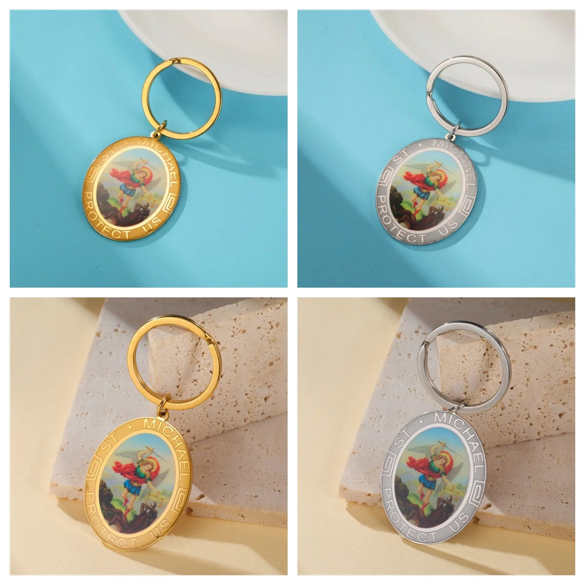 Porte-clés Saint Michel Archange – Acier Inoxydable, Or & Argent
