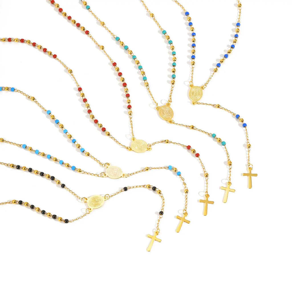 Collier Chapelet Vierge Marie – Perles Colorées & Croix en Acier Inoxydable