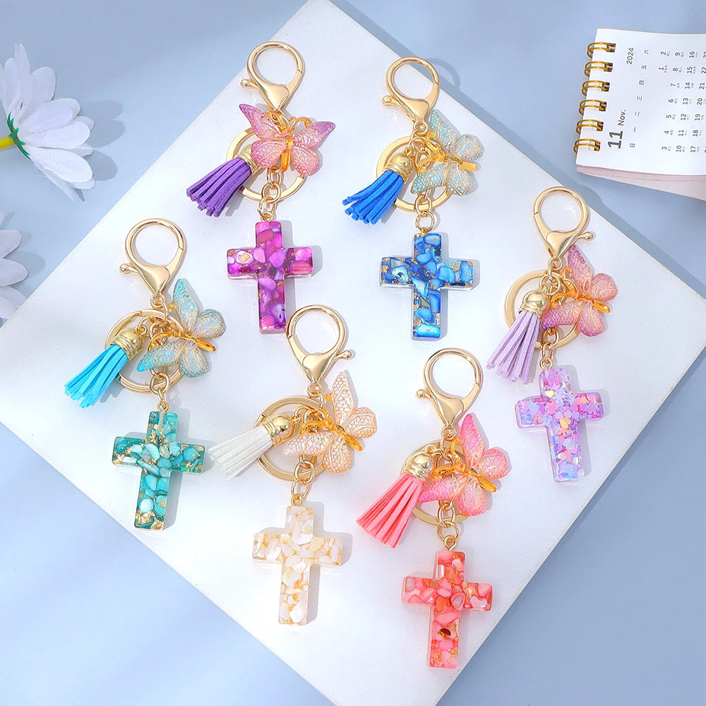 Porte-Clés Croix & Papillon – Résine Sequins Colorés | Accessoire Tendance Femme Homme