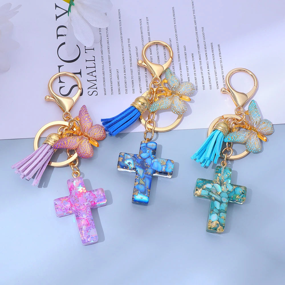Porte-Clés Croix & Papillon – Résine Sequins Colorés | Accessoire Tendance Femme Homme