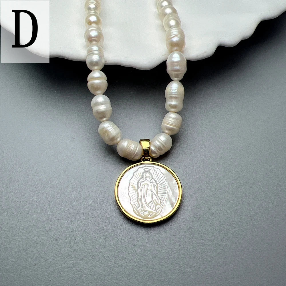 Collier Ras-de-Cou Perles Naturelles & Nacre – Vierge Marie, Sacré-Cœur, Guadalupe | Religieux Luxe