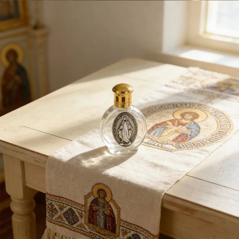 Mini Flacon d'Eau Bénite en Verre – Médaille Vierge Marie & Bouchon Doré | Cadeau Catholique
