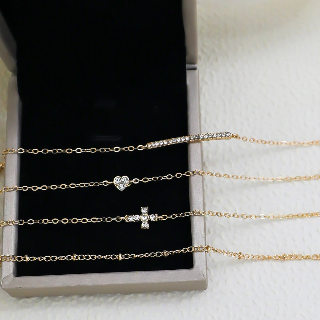 Set 4 Bracelets Multi-Couches Croix & Cœur – Zircone Cubique | Bijou Femme Cadeau