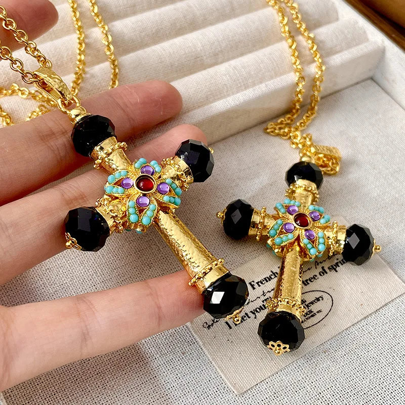 Collier Pull Vintage Turquoise & Cristal – Croix Double Face Incrustée | Style Rétro Unisexe