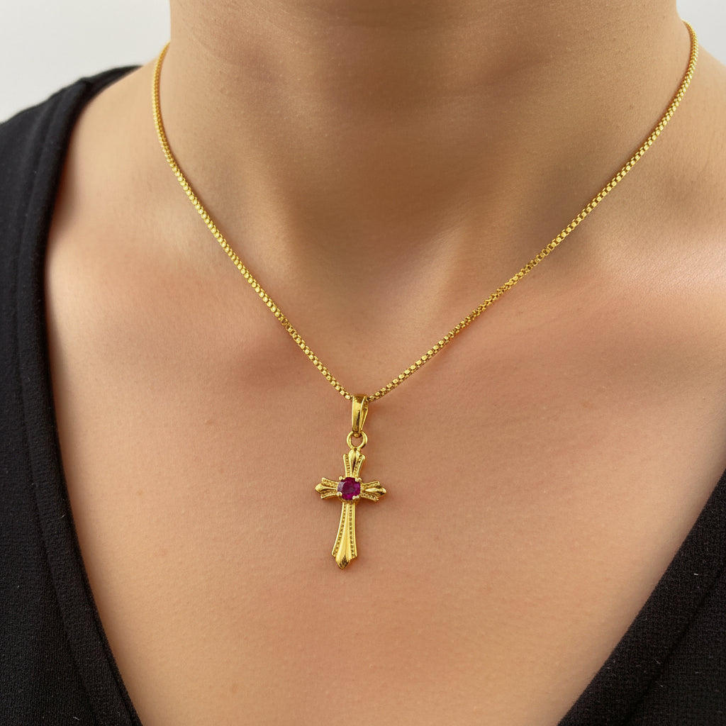 Collier Croix Plaqué Or 24K Style Coréen – Chaîne Vague 46 cm | Cadeau Religieux Femme & Fille