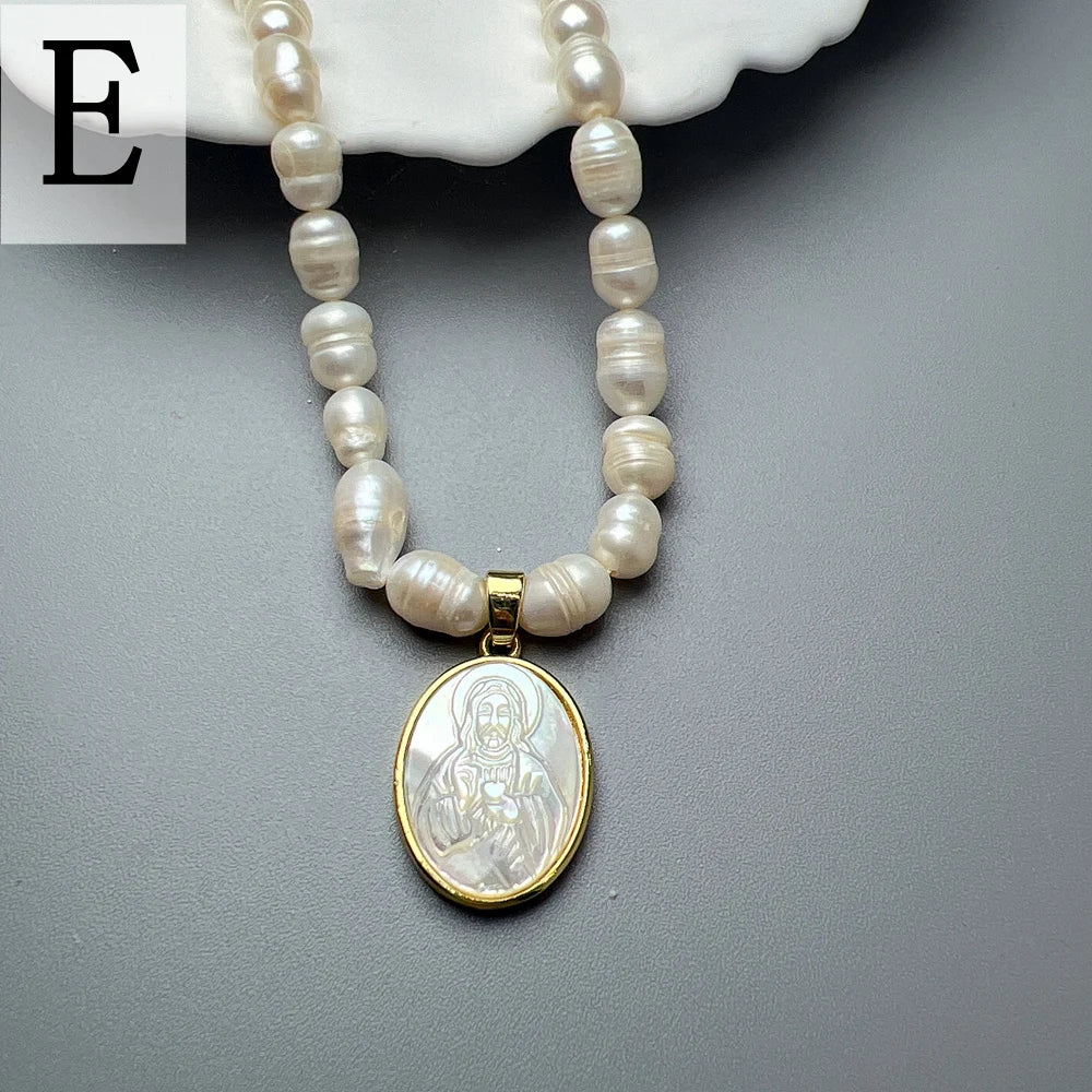 Collier Ras-de-Cou Perles Naturelles & Nacre – Vierge Marie, Sacré-Cœur, Guadalupe | Religieux Luxe