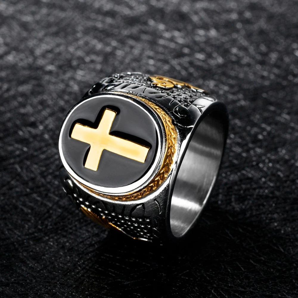 Bague Chevalière Croix Vintage – Acier Inoxydable Doré | Style Biker Punk Chrétien | Homme