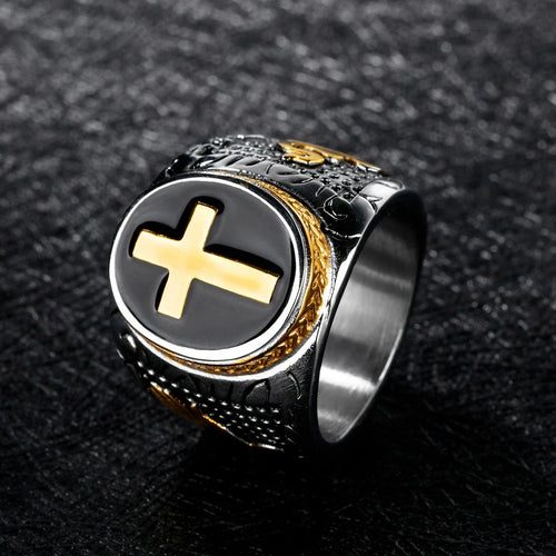 Bague Chevalière Croix Vintage – Acier Inoxydable Doré | Style Biker Punk Chrétien | Homme