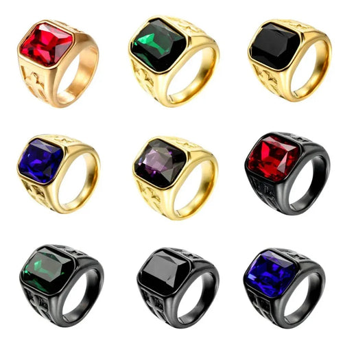 Bague Punk Croix & Pierres Colorées – Acier Inoxydable | Bijou Vintage Homme Femme