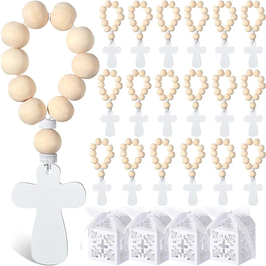 Chapelet en Bois avec Croix & Boîte Cadeau Blanche – Lot de 6, 12 ou 18