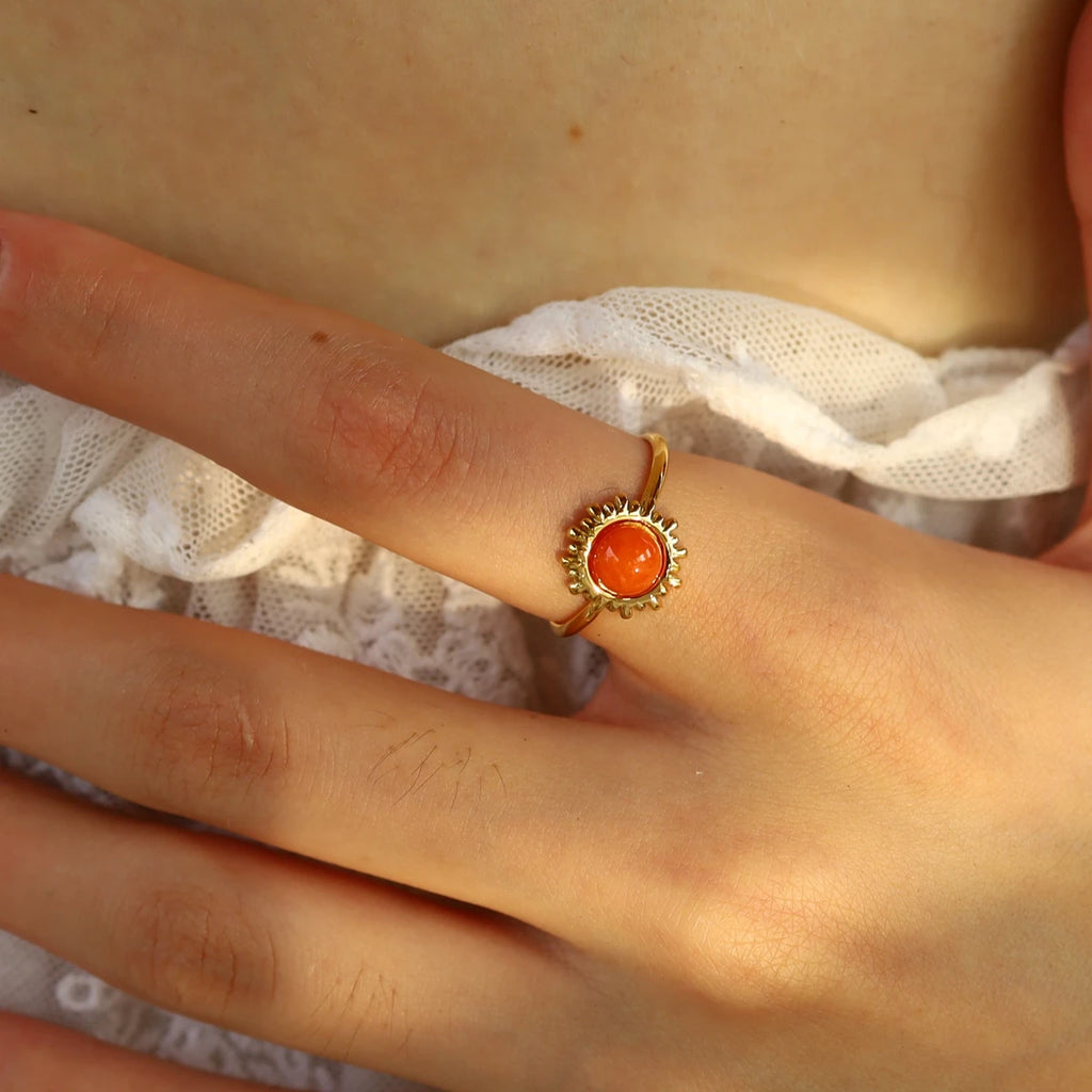 Bague Pierre Naturelle Orange – Acier Plaqué Or 18K | Bijou Luxe Femme Waterproof