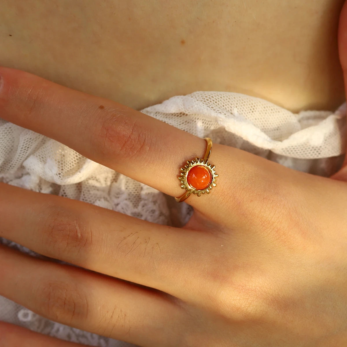Bague Pierre Naturelle Orange – Acier Plaqué Or 18K | Bijou Luxe Femme Waterproof
