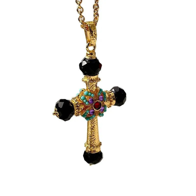 Collier Pull Vintage Turquoise & Cristal – Croix Double Face Incrustée | Style Rétro Unisexe