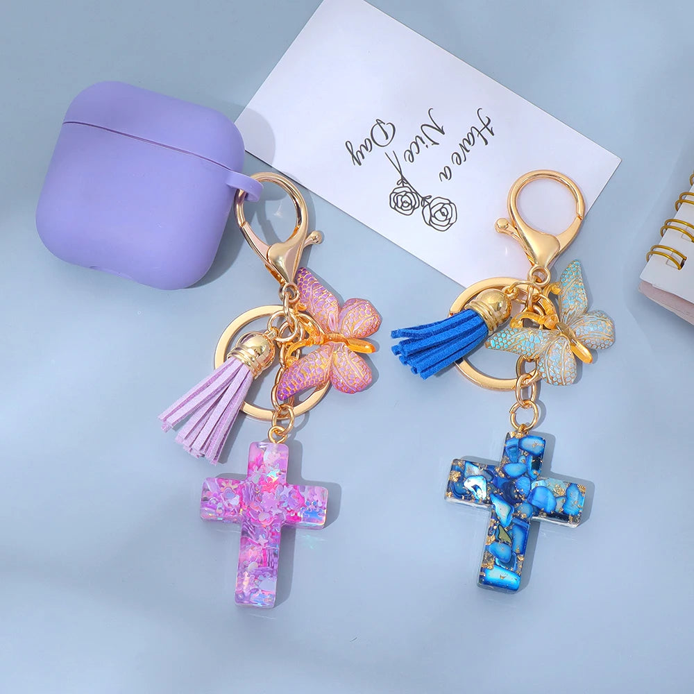 Porte-Clés Croix & Papillon – Résine Sequins Colorés | Accessoire Tendance Femme Homme