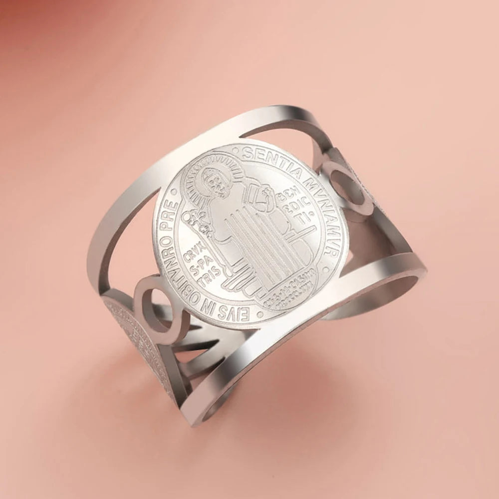 Bague Saint Benoît – Acier Inoxydable | Anneau Chrétien Ajustable