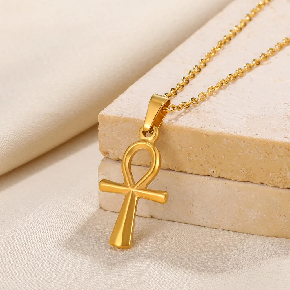 Collier Croix Ankh Égyptienne – Symbole de Vie Acier Inoxydable Doré | Ras-de-Cou Unisexe