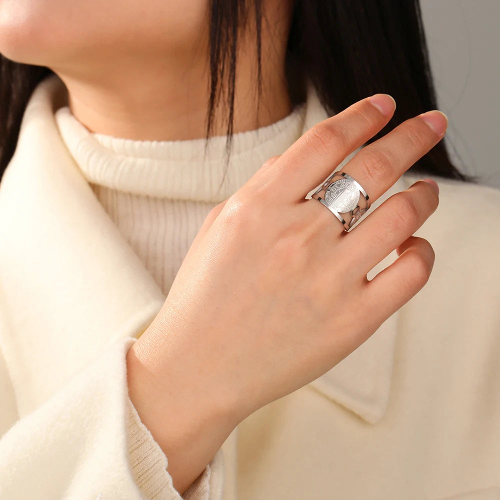 Bague Saint Benoît – Acier Inoxydable | Anneau Chrétien Ajustable