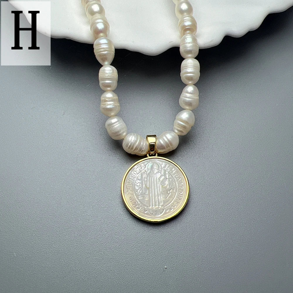 Collier Ras-de-Cou Perles Naturelles & Nacre – Vierge Marie, Sacré-Cœur, Guadalupe | Religieux Luxe