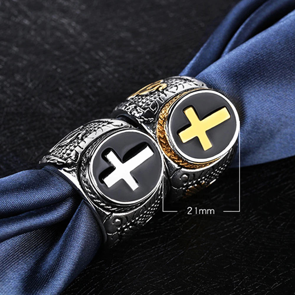 Bague Chevalière Croix Vintage – Acier Inoxydable Doré | Style Biker Punk Chrétien | Homme