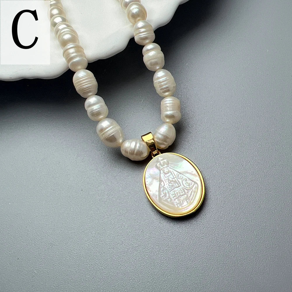 Collier Ras-de-Cou Perles Naturelles & Nacre – Vierge Marie, Sacré-Cœur, Guadalupe | Religieux Luxe
