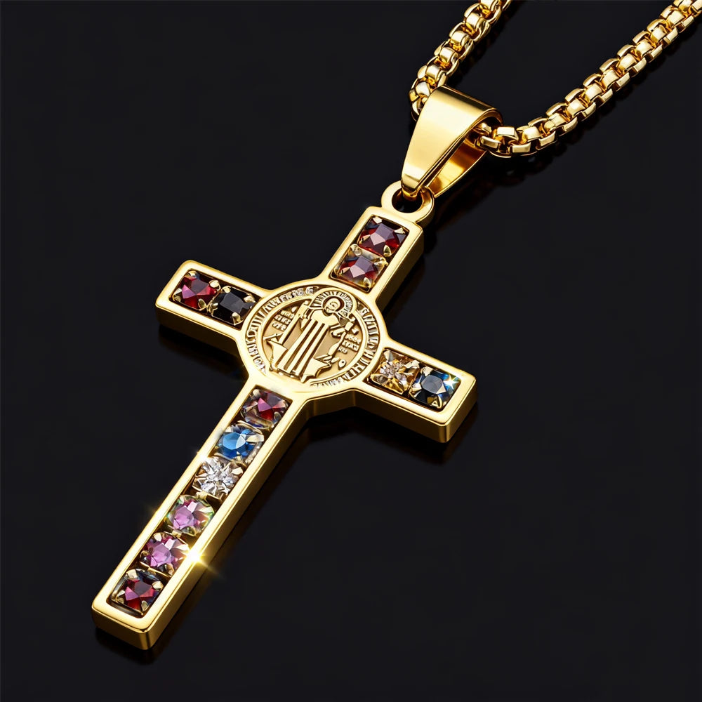 Collier Croix Saint-Benoît – Acier Inoxydable & Zircon Coloré | Catholique Unisexe