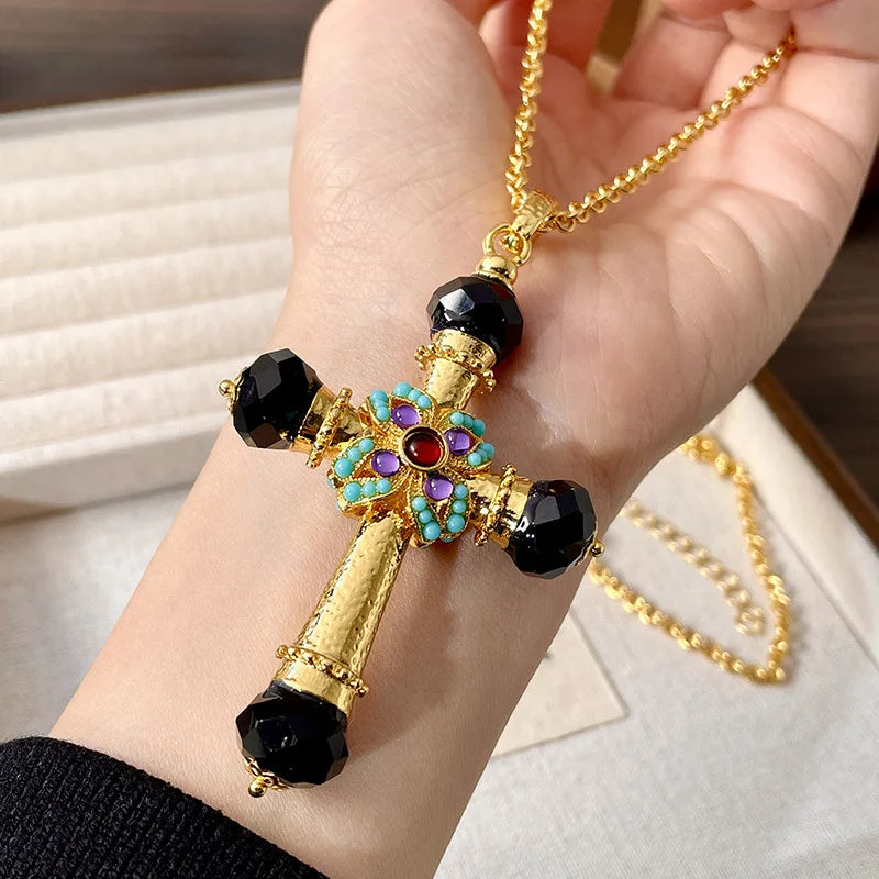 Collier Pull Vintage Turquoise & Cristal – Croix Double Face Incrustée | Style Rétro Unisexe