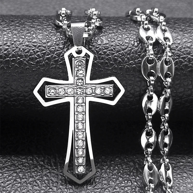 Collier Crucifix Jésus-Christ – Acier Inoxydable Doré & Argenté | Chaîne Grain de Café 60 cm | Homme & Femme